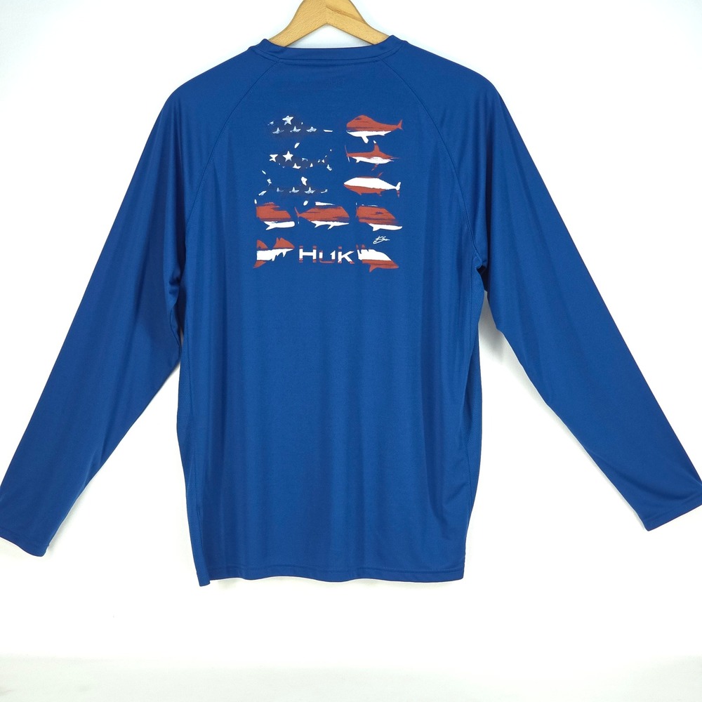 Huk‎ American Flag Fish Performance Long Sleeve Shirt XL UPF Fishing Base Layer